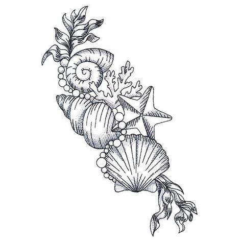 Seashell Shoulder Tattoo, Seashell Tattoo Sleeve, Unique Beach Tattoos, Treasure Tattoo Ideas, Unique Pretty Tattoos Beautiful, Shell Tattoo Design, Sea Sleeve Tattoo, Beach Themed Tattoos For Women, Sea Tattoo Design