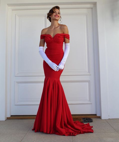 Image may contain: 1 person, standing Pretty Woman Red Dress, Prom Dress With Gloves, Rolene Strauss, Red Dress Design, Elegant Fits, Easter Dress Toddler, Dress And Gloves, Pink Evening Gowns, Marine Ball