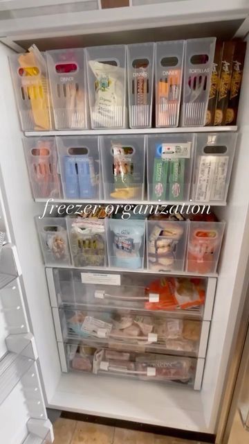 Deep Freezer Organization Upright, Container Store Multi Purpose Bins, Standup Freezer Organization, Condiment Storage Fridge, Commercial Fridge Organization, Garage Freezer Organization, Subzero Refrigerator Organization, Large Family Storage Ideas, Best Way To Organize Freezer