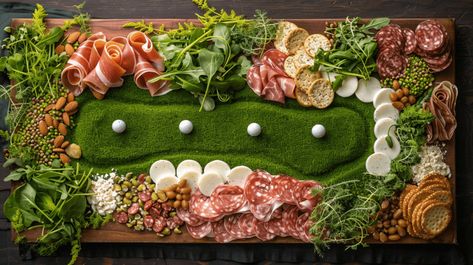 A golf-themed Father's Day charcuterie board designed to delight any golf-loving dad. The board features a green base of fresh arugula or spinach mimicking a putting green, complete with a pathway of prosciutto representing the fairway. Use small rounds of white cheese or mozzarella balls as golf balls, and strategically place them along the 'fairway'. Add sand traps made from small piles of finely chopped nuts or crumbled feta. Surround the green with a variety of meats, cheeses, and crackers, simulating the rough areas of a golf course. This playful and creative setup is not only a nod to Dad’s favorite hobby but also a delicious centerpiece for the celebration. Golf Themed Veggie Tray, Golf Food Puns, Golf Charcuterie Board Ideas, Golf Party Themed Food, Golf Themed Charcuterie Board, Golf Charcuterie Board, Golf Appetizers, Golf Themed Food, Green Charcuterie Board