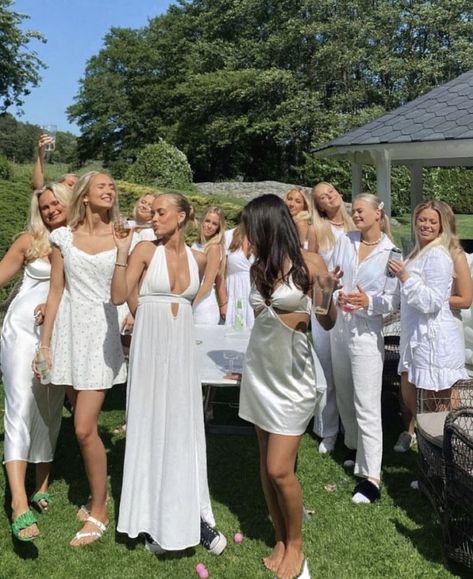 Alix Earle Frat Wedding, Wedding Birthday Party, Bachelorette All White Outfits, White Party Aesthetic Outfit, Bachelorette White Party, White Themed Birthday Party Outfit, White Party Bachelorette, Hamptons White Party Theme, European Hens Party