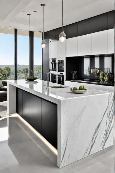 Double Island Kitchen Layout Modern, Kitchen With White Marble, Leicht Kitchen, White Luxury Kitchen, Kitchen Island Designs, Luxury Kitchen Island, Storage Seating, Kitchen Theme, Industrial Style Kitchen