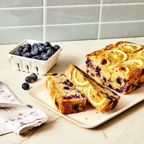 High-Protein Lemon-Blueberry Cake High Protein Lemon Blueberry Cake, Protein Loaf Cake, Protein Lemon Loaf, Queso Cottage, Lunch Appetizers, Dessert Smoothie, Lemon Bread, Blueberry Lemon Cake, Blueberry Bread