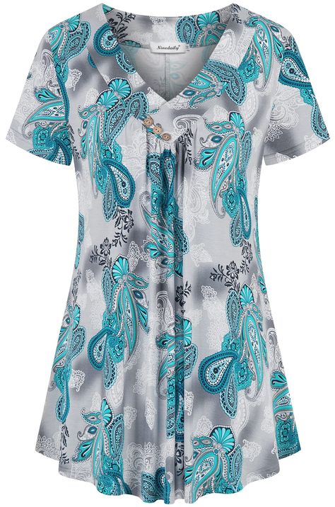 PRICES MAY VARY. 95% Rayon, 5% Spandex Imported Button closure Machine Wash Floral printed short sleeve blouse for women fashion 2022 new design for Spring Summer Seasons, these womens tops are well made and modest, elegant feminine look with the asymmetrical button placement snazzy design, the button for decor only, please be well noted. These shirts soft, comfortable and drapes nicely, shorts sleeve blouse for elegant lady work casual Womens Tunic Tops/ Casual and basic loose fitting Tunic blo Womens Henley, Flowy Tunic Tops, Dressy Shirts, Shirt Tunic Top, Short Sleeve Tunic, Women Tunic Tops, Womens Crewneck, Floral Print Shorts, Dressy Tops