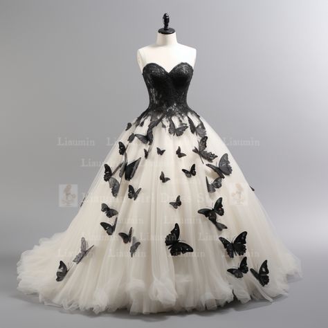 Black White Dress Elegant, Black Dress With Butterflies, Wedding Dress With Black Accents, Black And White Wedding Dresses, Butterfly Black Wedding Dress, Black Butterfly Quinceanera Dresses, Black And White Wedding Dress Ballgown, Black And White Wedding Dress Tulle, White And Black Wedding Dress