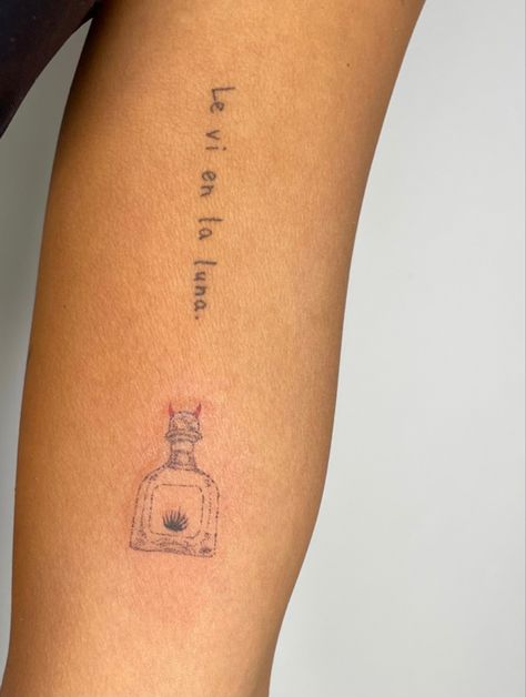 Patron Bottle Tattoo, Cantarito Tattoo, Matching Tequila Tattoos, Meaningful Mexican Tattoo, Small Tequila Shot Tattoo, Small Mexico Tattoo, Tequila Bottle Tattoo, Tequila Tattoo Ideas, Mexico Tattoo For Women