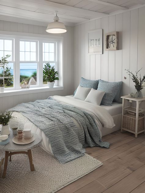 Belly’s Bedroom Tsitp, Beachy Bedspread, Blue Beach House Bedroom, Beach Themed Guest Bedroom, Granddaughter Coastal Room, Beach Bed Aesthetic, Master Bedrooms Beachy, Modern Beach Room Aesthetic, White Comforter With Blue Accents