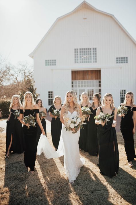 Wedding Inspo Black Bridesmaid Dresses, Black Western Bridesmaid Dresses, Black Tie Bridesmaid Dresses Summer, Black And White Bridal Party Attire, Black And White Farm Wedding, Black Dresses Bridesmaids, Bridal Party In Black, Black Bridesmaid Dresses Summer, Black Dress Bridal Party