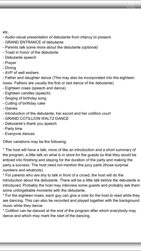 debut programme pt. 2 Traditional Filipino Debut Theme, Debut Preparation Checklist, Debut Program Flow Script, Filipino Debut Planning, Filipino Debut Program, Filipino 18th Debut, 18th Birthday Gowns Debutante, 18th Birthday Program Flow, Debut Program Flow Ideas