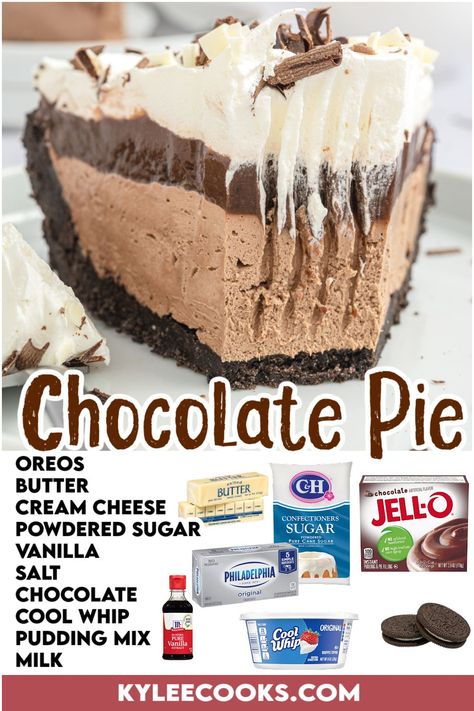 Looking for a crowd-pleaser dessert that's easy to make? 🌟 Try our No-Bake Chocolate Pie! It's a delightful blend of an Oreo crust, creamy chocolate filling, smooth chocolate pudding, and a whipped topping. Served chilled, this pie is a perfect make-ahead treat for any occasion. Share the joy of chocolate with your loved ones! ❤️🍫🥧 Chocolate Pie With Pudding And Cool Whip, Chocolate Pudding Pie Recipe, Baked Chocolate Pudding, Cool Whip Pies, Easy Chocolate Pie, Chocolate Cream Pie Recipe, Chocolate Pie With Pudding, Oreo Pie, Baking Breads