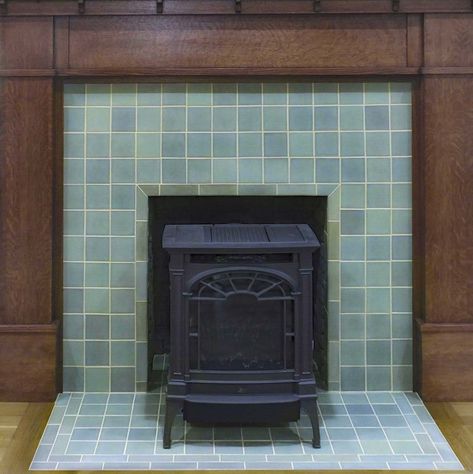 Field Tile Old Copper Wood Stove Subway Tile Behind Wood Burning Stove, Checkerboard Fireplace Hearth, Wood Stove Tiles, Tile For Wood Stove Surround, Mantle Around Wood Stove, Shaker Fireplace Surround, Wood Stove Tile Surround, Woodstove Mantle, Wood Stove Tile