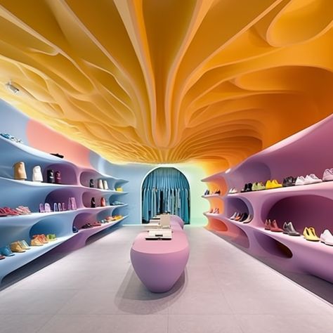 Retail shop interior inspiration, minimalistic white interior with an eye-catching futuristic ombré ceiling. Avantgarde Interior Design, Minimalist Store Design Interiors, Retail Ceiling Design, Showroom Interior Design Concept Stores, Futuristic Mall, Futuristic Design Interior, Futuristic Store, Fantasyland Hotel, Calming Interiors