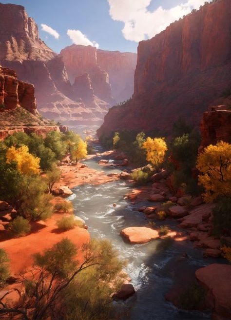 Grand Canyon river - yartworld Canyon Concept Art, Canyon City, Desert Canyon, Canyon River, Anime Backgrounds, Scenery Nature, Fantasy City, Anime Backgrounds Wallpapers, Backgrounds Wallpapers