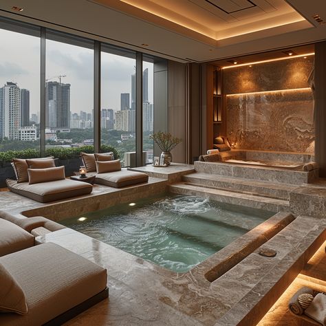 Decorations Drawing, 2023 Home Interior, Zen Bathroom Ideas, Modern Living Room Design Ideas, Spa Luxe, Indoor Jacuzzi, Home Spa Room, Room Makeover Ideas, Indoor Pool Design