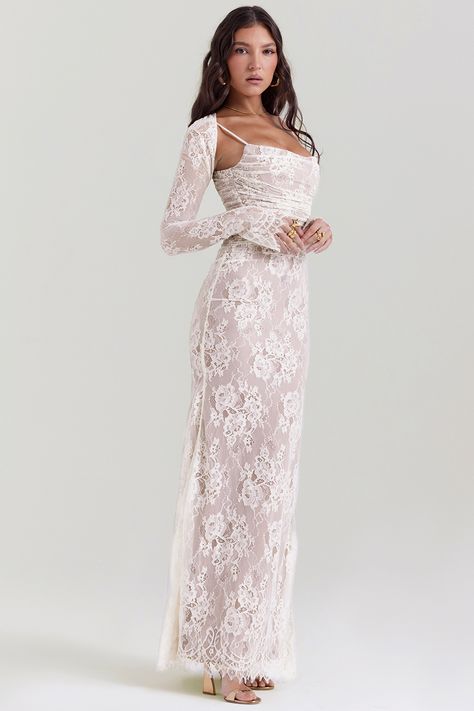 Clothing : Maxi Dresses : 'Artemis' Vintage Cream Lace Maxi Dress Mesh White Dress, Full Sleeve Prom Dress, Artemis Dress, White Lace Dresses, Long Mesh Dress, Lace Capelet, Long Lace Dress, Capelet Dress, Dress With Gloves