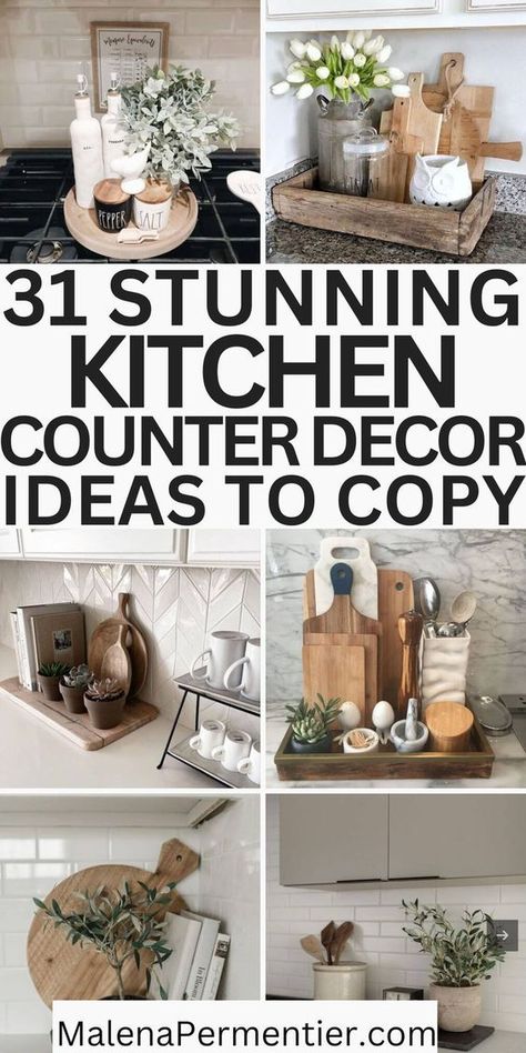 Bringing you the best kitchen countertop decor ideas! These 31 kitchen counter ideas are practical and beautiful, and don't break the bank. Also sharing: kitchen counter styling ideas, ways to decorate your kitchen countertop that makes sense for the space, and cute ways to add a decorative touch even on a small kitchen counter. Kitchen Counter Styling Ideas, Style Kitchen Countertops, Kitchen Counter Ideas, Kitchen Countertops Decor, Kitchen Countertop Decor Ideas, Small Kitchen Counter, Kitchen Counter Design, Countertop Decor Ideas, Kitchen Staging