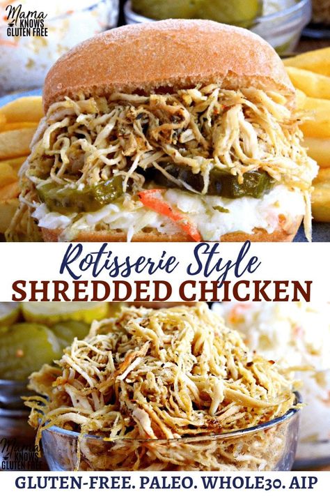 Aip Instant Pot Chicken, Aip Crockpot Recipes Chicken, Aip Crockpot Chicken, Rotisserie Shredded Chicken Recipes, Moist Shredded Chicken, Shredded Chicken Instant Pot, Rotisserie Seasoning, Aip Chicken, Shredded Chicken Sandwiches