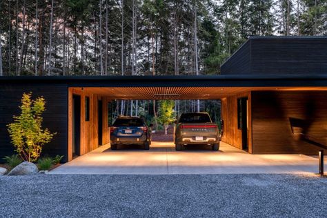 Orcas House | Shou Sugi Ban Portfolio | Nakamoto Forestry Exterior House Ideas Modern, Home Car Garage Ideas, Garage Package House, House Parking Design, Carport Designs Attached To House, Modern House Design With Garage, Scandinavian Garage, Modern House With Garage, Garage Pavilion