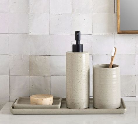 Speckled Ceramic Bathroom Accessories | Pottery Barn Pottery Barn Bathroom, Bathroom Vanity Accessories, Bathroom Counter Organization, Bathroom Counter Decor, Ceramic Soap Dispenser, Counter Top Accessories, Decor Pottery, Grey Countertops, Ceramic Bathroom