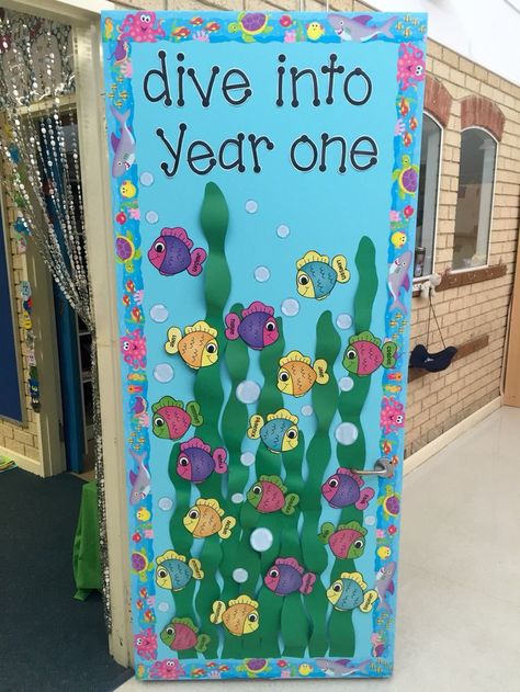 Sea Creatures Classroom Decoration, Ocean Board Ideas, Fish Door Decorations Classroom, Ocean Door Hanger, Under The Sea Bulletin Board Ideas Ocean Themed Classroom, Under The Sea Classroom Ideas, Fish Classroom Door, Ocean Classroom Door Ideas, Fish Bulletin Board Ideas