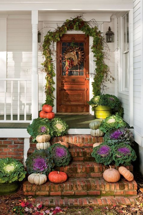 Perfect Pumpkin Ideas for Your Southern Porch: Lush Stairs Veranda Design, Fall Front Door Decor, Creative Pumpkin Decorating, Fruits Decoration, Fall Front Porch Ideas, Southern Living Magazine, Fall Front Door, Fall Front Porch, Fall Outdoor Decor