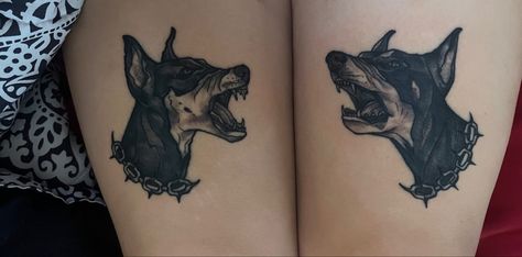 two dobermans barking at each other tattoo Double Dog Tattoo, Dog Stomach Tattoo, Dog Growling Tattoo, Barking Doberman Tattoo, Scary Animal Tattoo, Rabid Dog Tattoo, Vicious Dog Tattoo, Doberman Barking Tattoo, Gothic Dog Tattoo