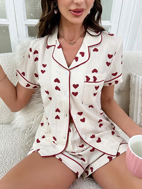 Beige Cute-Sweet Collar Short Sleeve  Geometric,Heart Short Sets Embellished Non-Stretch Spring/Summer Women Sleep & Lounge Couture, Heart Pj Set, Skirt Labuh, Pijamas Women, Summer Loungewear, Cute Pajama Sets, Tie Waist Shorts, Seluar Pendek, Chic Summer Outfits