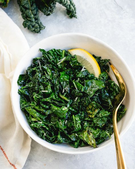 Sauteed kale is the best way to eat this healthy leafy green! Scented with garlic and cooked in olive oil until tender, you'll want to eat it every day. #kale #sauteed #sauteedkale #easykalerecipe #kalerecipe #Howtoeatkale Kale Recipes Sauteed, Easy Kale Recipes, Roasted Eggplant Pasta, Kale Recipes Healthy, Kale Chips Baked, How To Cook Kale, Sauteed Kale, Vegetarian Cookbook, Kale Recipes