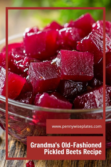 A close-up of yummy homemade pickled beets with overlay text that reads "grandma's old-fashioned pickled beets recipe." Beets Preserving, Beet Pickles Recipes, Pickled Beets Recipe Easy, Canned Beets Recipe Ideas, Pickled Beets Canning Recipe, Preserving Beets, Old Fashioned Pickled Beets Recipe, How To Pickle Beets, Beets Canning