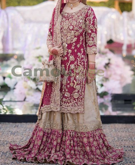 Farshi Garara, Bridal Dresses Ideas, Pakistani Gharara, Red Bridal Dress, Beautiful Bridal Dresses, Lace Dress Design, Velvet Dress Designs, Latest Bridal Dresses, Bridal Dresses Pakistan