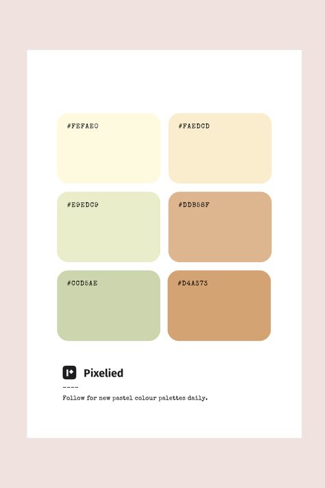 This pastel color palette features a gentle blend of soft greens and warm beiges. The delicate green shades provide a sense of freshness and calm, while the warm beige tones add a touch of natural warmth and sophistication. Ideal for illustration, branding, typography, and web UI, this palette brings a balanced, organic feel to any project. Earth Pastel Color Palette, Soft Pastel Color Palette, Pastel Yellow Color Palette, Pastel Color Palette Soft, Pastel Green Color Palette, Wedding Hills, Warm Tone Color Palette, Color Palette Earth Tones, Earth Color Palette