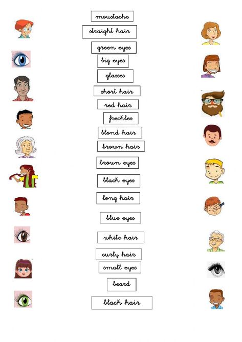 Match Worksheet, Red Hair Freckles, Short Red Hair, Physical Characteristics, Brown Hair Brown Eyes, Skills Activities, Worksheet Template, School Subjects, Green Hair