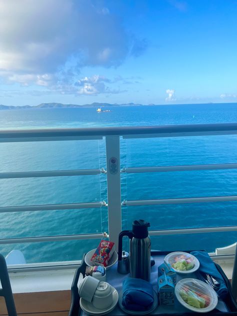 Disney Cruise Aesthetic, Disney Cruise Rooms, Room Service Breakfast, Emily Nelson, Cruise Rooms, Summer Cruise, On The Ocean, Balcony Railing, Cruise Line