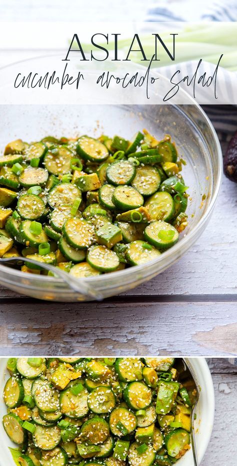 This Asian-style cucumber salad features crisp cucumbers and silky avocado tossed in an incredible savory and spicy gochujang vinaigrette. Asian Avocado Salad, Asian Avocado, Avocado Cucumber Salad, Marinated Salad, Kale Quinoa Salad, Cucumber Avocado Salad, Progressive Dinner, Asian Cucumber Salad, Avocado Cucumber