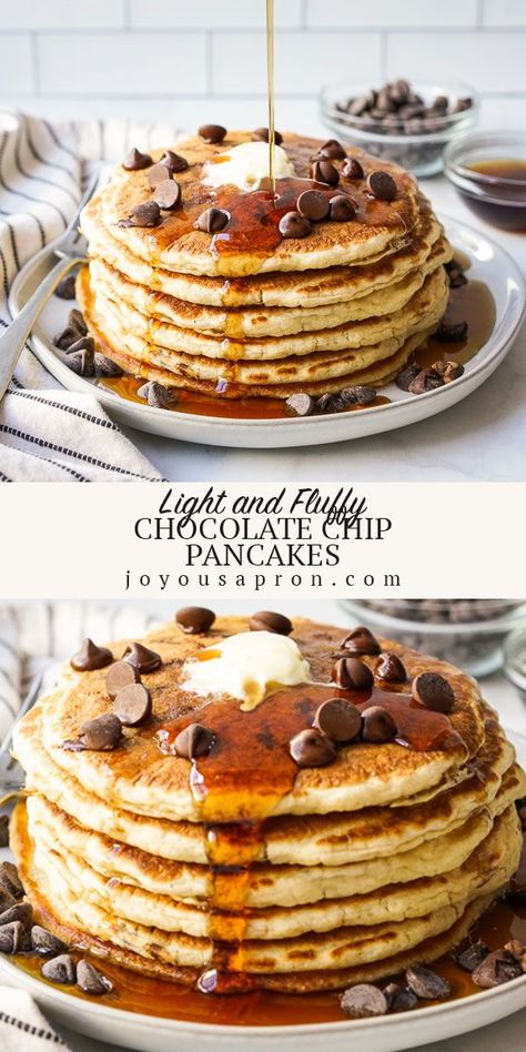 Text between two stacks of chocolate chip pancakes on plates with syrup Best Chocolate Chip Pancakes, Fluffy Chocolate Chip Pancakes, Easy Chocolate Chip Pancakes, Chocolate Chips Pancakes, Chocolate Chip Pancakes Recipe Easy, Pancake Recipe Chocolate Chip, Easy Chocolate Chip Pancake Recipe, Pancakes Chocolate Chip, Homemade Chocolate Chip Pancakes