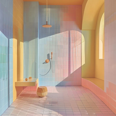 I really like the gradient on this tile work that was created from AI. Natural light adds depth and highlights the gradient, making the colors more vibrant.  I feel like this would be tough to glaze each tile to the correct color.  #grout #gradient #pastel #tile #shower #pastelTile #pastelShower #bathroom #vibrant #ai Eclectic Bathroom Colorful, Colored Grout Bathroom, Pastel Color Interior, Fairy Bathroom Ideas, Pastel Hallway, Aesthetic Tiles, Gradient Inspiration, Color Grout, Butcherblock Countertops