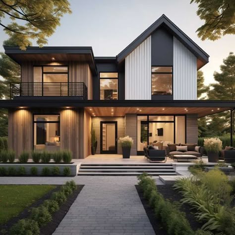 Modern House Big Windows Exterior, Nature House Design Architecture, Modern Farm Houseplans Exterior, Modern Forest House Exterior, Contemporary Mountain Home Exterior, Modern Addition To Old House, House Outside Colour, Transitional House Exterior, Modern Contemporary House Exterior