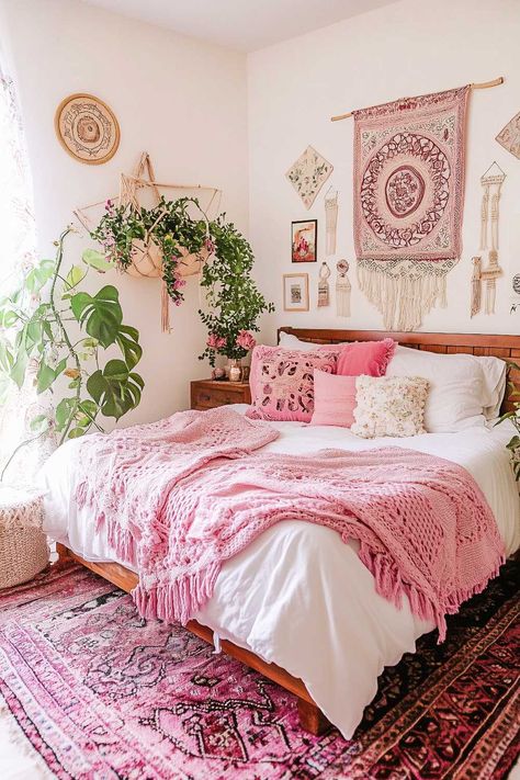 50+ Boho Bedrooms Pink Accents Transforming Rooms With Love Pink Hippy Room, Pink Accent Bedroom Decor, Pink Boho Room Ideas, Vintage Pink Bedroom Ideas, Boho Chic Bedroom Pink, Hippe Room, Pink Small Bedroom Ideas, Pink Western Room, Pink Boho Room