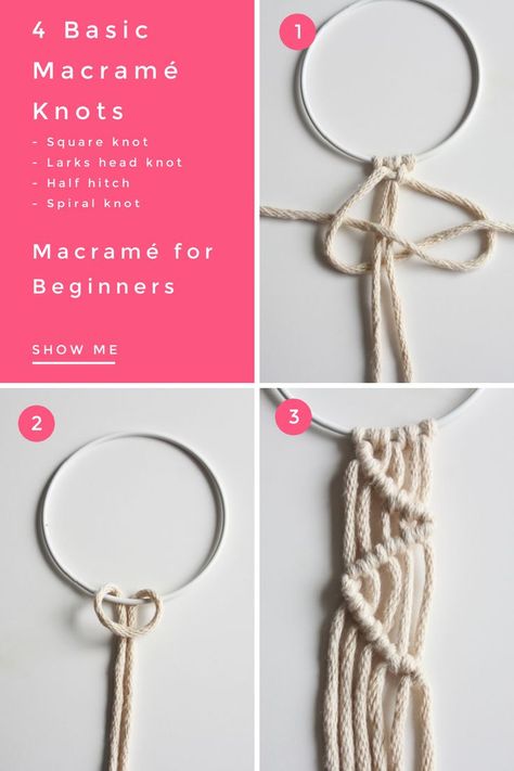 Macrame for beginners - how to choose yarn, patterns and basic knot techniques Basic Macrame Knots Step By Step, How To Macrame For Beginners, Macrame Knots Step By Step, Knot Techniques, Diy Macrame Plant Hanger Pattern, Macrame Furniture, Macrame For Beginners, Basic Knots, Basic Macrame