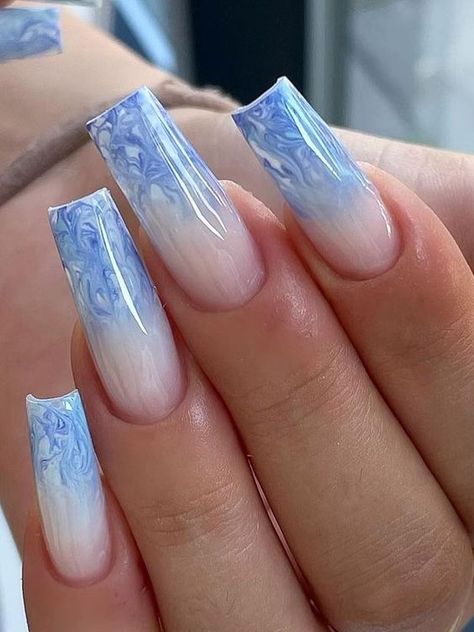 19 Gorgeous Ombre Nail Color Ideas - thepinkgoose.com Ombre Nail Art Designs Blue, Pale Blue Ombre Nails, September Nails Blue, Periwinkle Ombre Nails, Light Blue Ombre Nails Coffin, Ombre Nail Designs Summer, Powder Blue Nails Designs, Blue Fade Nails, Dusty Blue Nails Acrylic