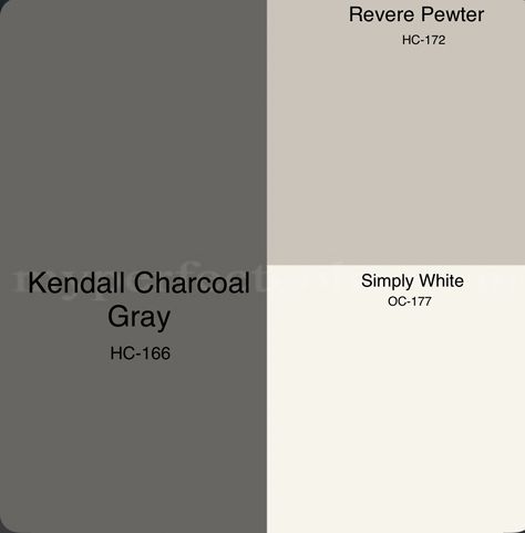 Kendall charcoal gray for accent cabinets Kendall Charcoal Palette, Kitchen Ideas Charcoal Cabinets, Revere Pewter And Kendall Charcoal, Kendall Charcoal Cabinets Kitchens, Kendall Charcoal Color Palette, Kendall Charcoal Exterior House, Bm Kendall Charcoal Cabinets, Bm Kendall Charcoal Exterior, Pale Oak And Kendall Charcoal