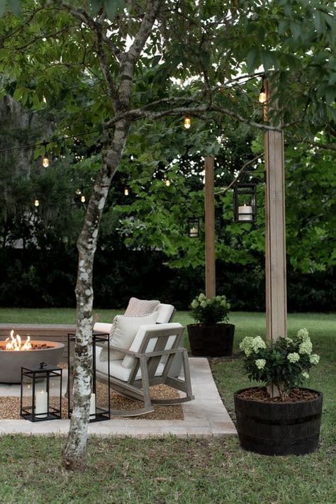 Stepping Stones Fire Pit, Outdoor Sitting Area Under Tree, Outdoor Patio Ideas Small Spaces With Fire Pit, Backyard Patio And Garden, Farmhouse Firepits Backyard Ideas, Canopy Over Patio, Magnolia Front Porch, Fire Pit With Pavers And Gravel, Landscaping Perimeter Of Yard