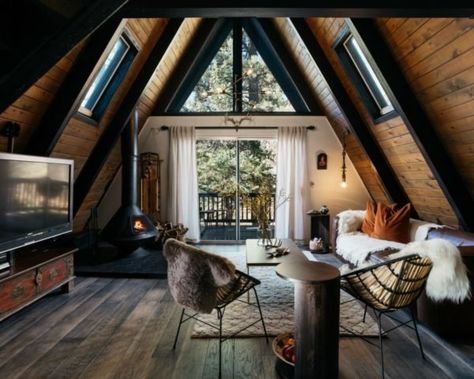 1970s A-frame cabin transformed into light-filled modern getaway Rustic Cabin Interior, A Frame Cabins, Rustic Home Interiors, A Frame House Plans, Frame Cabin, Interior Design Rustic, Cabin Interiors, Frame House, Rustic Home Design