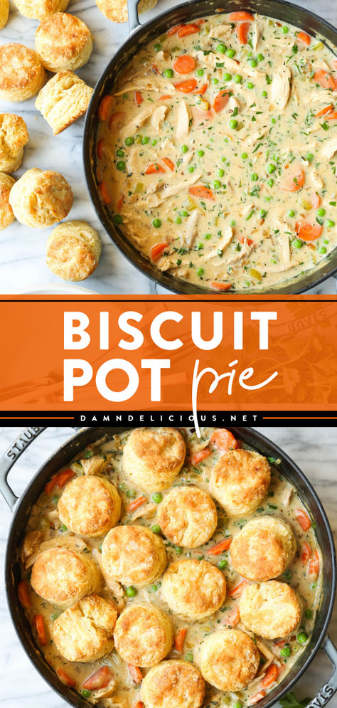 Experience the best of two worlds in one simple comfort food! Nothing will satisfy you like a hearty dinner with a creamy homemade pot pie filling and flaky mile-high biscuits. Save this biscuit pot pie recipe! Biscuit Pot Pie Recipe, Biscuit Pot Pie, Pot Pie Filling, Pot Pie Recipe, Pot Pies Recipes, Chicken Pot Pie Recipes, Homemade Biscuits, Best Comfort Food, Ultimate Comfort Food