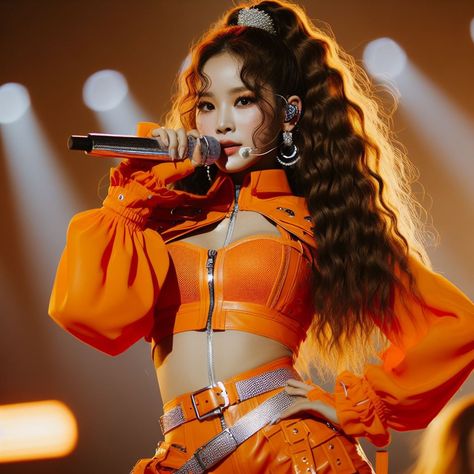 Orange Performance Outfit, Orange Stage Outfit, Performance Stage, High School Life, Stage Outfit, Red Queen, School Life, Variety Show, Celebrity Outfits