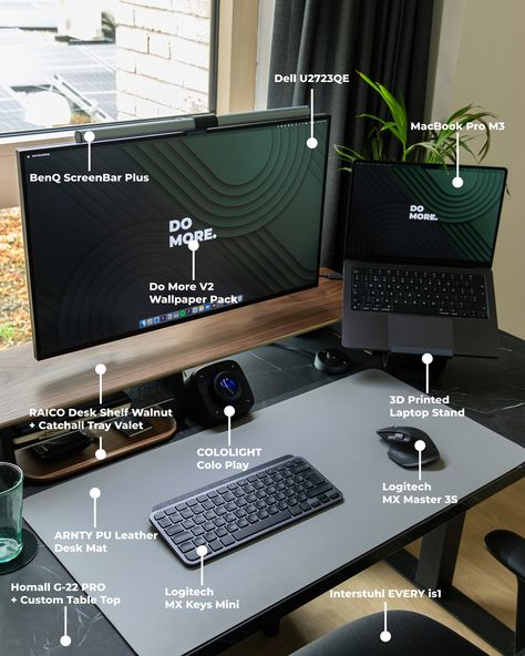 Updated Desk Setup Specs 🖥️👇 Get the Do More V2 Wallpaper Pack in my bio ✅ The tabletop is from a local DIY store (HUBO) here in Belgium, and the desk dimensions are 160cm x 70cm. This 3D printed laptop stand I found on Maker World - “The Impossible Laptop Stand v2” Like and follow @clean.desk.setup for daily desk inspiration! ✨ #DeskSetup #Workspace #Productivity #HomeOffice #OfficeInspiration #Minimalist #DeskDecor #workspaceinspiration Minimalist Setup Desks, Pc Setup With Laptop, Minimalist Laptop Setup, Architecture Desk Setup, Desktop Setup Minimalist, Laptop Desktop Setup, Clean Desk Setup, Best Pc Setup, Setup Laptop