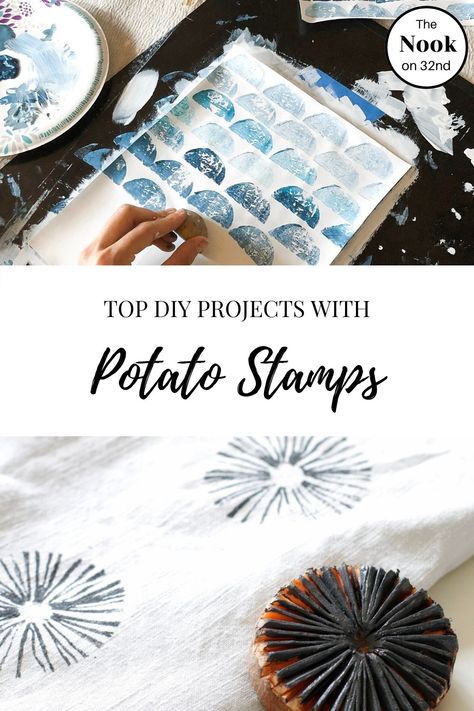 Potato Stencil Stamps, Stamping Fabric Diy, Potato Stamp Wall Art, Potato Stamps Diy Block Prints, Potato Stamp On Fabric, Diy Paint Stamp, Diy Fabric Stamping, Printing With Potatoes, Potato Printing On Fabric