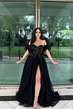 Split Prom Dresses, Dress With Embroidery, Black Prom Dress, Black Prom, Black Tulle, Black Wedding Dresses, Tulle Prom Dress, Unique Dresses, Black Wedding