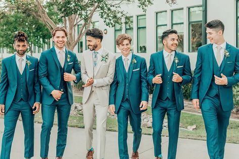 Bohemian Industrial Wedding with Teal Blue Touches | Friar Tux Groomsmen Teal Attire, Teal Blue Groom Suit, Teal And Tan Groomsmen Attire, Teal Wedding Suit Groom, Teal Blue Groomsmen Attire, Groom Teal Suit, Teal Vest Wedding Groom Attire, Wedding Suits Groom Turquoise, Turquoise Suit Mens Groomsmen