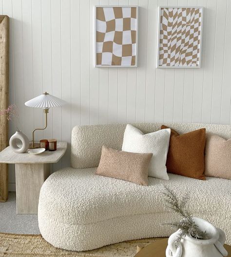 Boucle Lounge Room, Sherpa Couch Aesthetic, White Boucle Sofa Living Room, Sherpa Living Room, Boucle Chair Styling, White Sherpa Couch, Boucle Couch Styling, Boucle Living Room Decor, Sherpa Couch Living Room